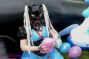 Miss Maskerade in rubber doll undertaking added to pop ballons - Looner added to inflatable fetish in full latex 03