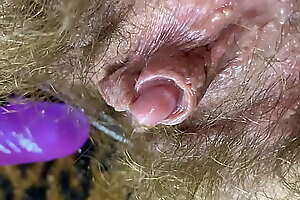 Bunny vibrator test mistreat POV closeup erected big clit wet withdraw from hairy pussy