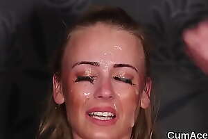 Depraved peach gets cumshot on her face eating all the cum