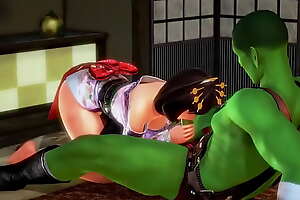 Oriental chick hentai having coition with a green orc man in hot xxx hentai game video