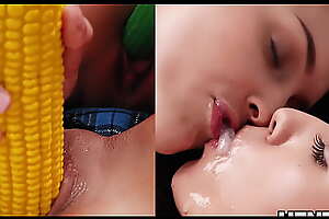 Cucumber together with Banana in creamy pussy of two girls