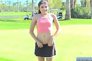 Young sexy brunette amateur Adria plays golf and getting naked there and operate her nice round ass