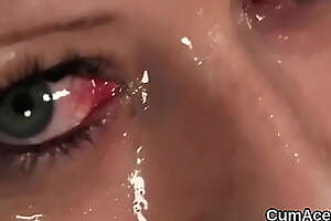 Slutty peach gets cumshot on the top of her face gulping all the sperm