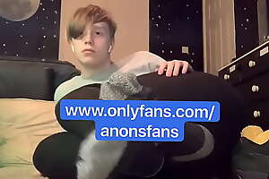 Blonde young twink shows his bare muted feet and takes pants down