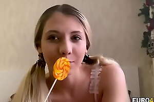 Blonde teen tastes say no to pussy after a candy