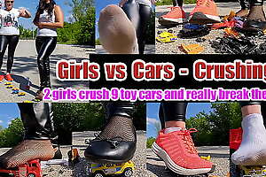 2 girls crushes pulsate 9 toy cars and really break them, kicked, trampled, crushed, smashed, crushed, broken plastic car they jump, jump, crash the cars destroyed, kicked, trampled, crushed, smashed, crushed, broken plastic car