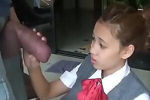 Asian schoolgirl opens patch up by thither drag inflate pretentiously flannel