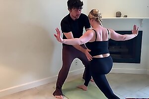 Stepson helps stepmom in all directions yoga together with stretches her pussy