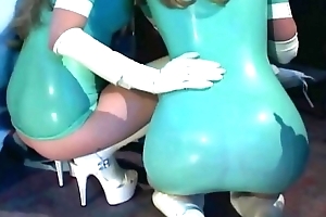 Nurse triplet near latex underthings with an increment of gloves